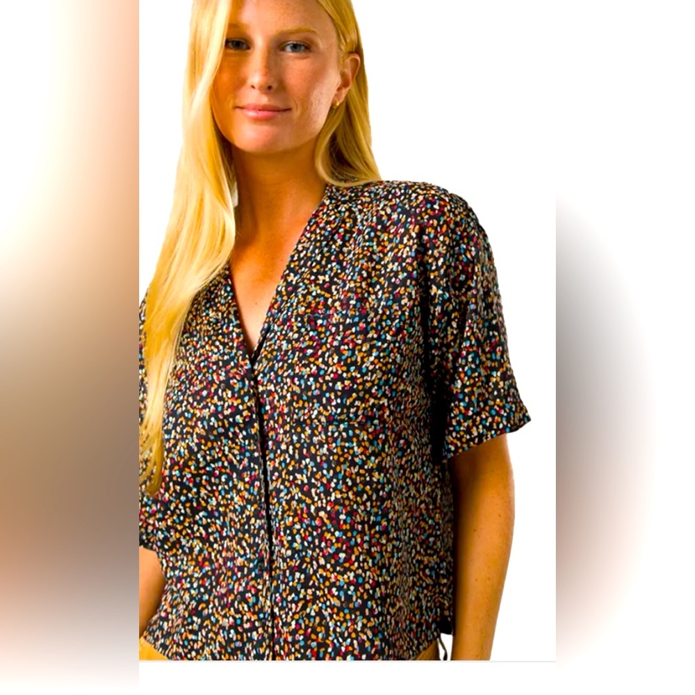 prAna Women's Short Sleeve Iguala Button Down Cropped Top-Black Alotta Dots | M